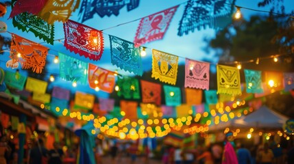 Fototapeta premium Vibrant Mexican Carnival at Night with Illuminated String Lights and Colorful Papel Picado Banners