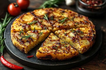 An overhead photo of a Spanish tortilla in a traditional tortilla, with parsley, on dark rustic textures with ingredients