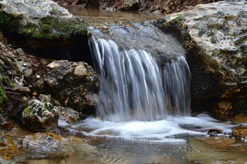 Fototapeta premium Small waterfall cascading over moss-covered rocks in forest stream. Clear water flows gracefully into shallow pool, surrounded by natural rocks and greenery, peaceful, captures essence nature.