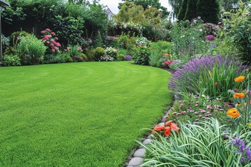 Fototapeta premium Lush, well-maintained garden with vibrant green lawn and colorful flower beds, variety plants, including blooming flowers, create beautiful, serene outdoor space filled with life and nature.