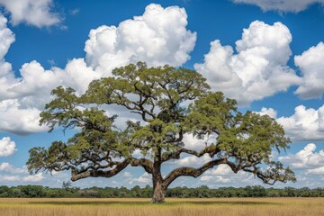 Fototapeta premium Majestic oak tree with sprawling branches stands tall in a field under bright blue sky filled with fluffy white clouds, grand tree creates serene, timeless natural scene.