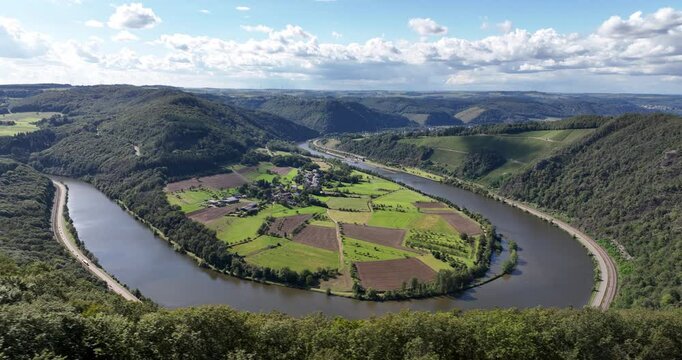 Aerial video of the river Saar at Hamm Taben Rodt, germany Eiffel region.