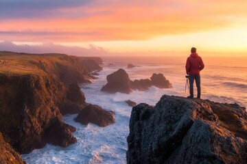 Fototapeta premium A person stands on rocky cliffs overlooking the ocean at sunset. This scene captures the beauty of nature and the spirit of adventure. Ideal for travel and exploration themes. Generative AI