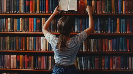 A woman is reaching for a book on a shelf