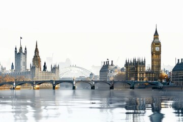 Fototapeta premium Beautiful cityscape of London featuring iconic structures such as Big Ben and the Houses of Parliament. A serene river view at dawn. Generative AI