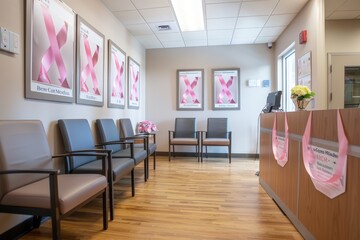 Modern Medical Clinic Waiting Room with Breast Cancer Awareness Decorations and Pink Ribbons