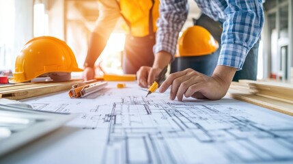 Construction workers examining blueprints on a worksite with safety helmets.
