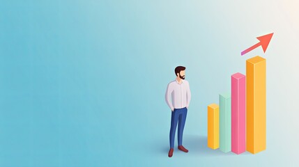Obraz premium A minimalist isometric illustration of a man observing a rising bar graph with an upward arrow