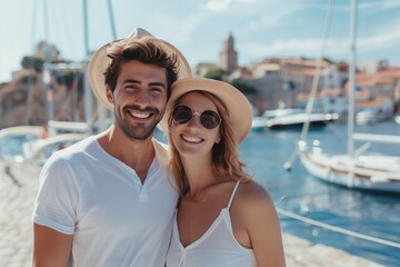 Obraz premium A couple is standing on a boat with a life preserver nearby