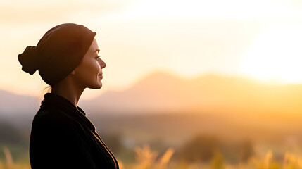 Fototapeta premium A silhouette of a woman standing tall with mountains in the morning