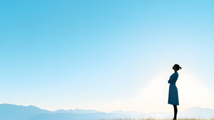Fototapeta premium A silhouette of a woman standing tall with mountains in the morning