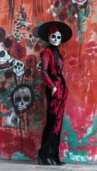 Fototapeta premium Modern La Catrina in Fashionable Floral Attire by Urban Red Wall for Day of the Dead Celebration