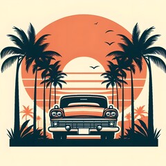 retro Classic car and palm trees silhouette