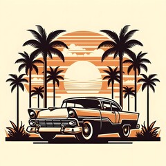 retro Classic car and palm trees silhouette