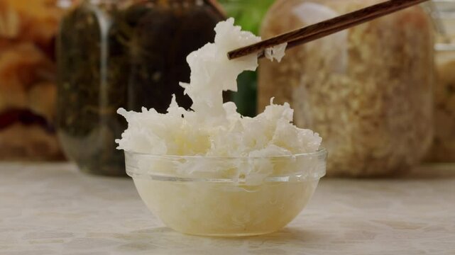 Tremella fermented salted Jamur salju or snow fungus, white colored fungi for food and medicine, popular in China and also Chinese cuisine. 