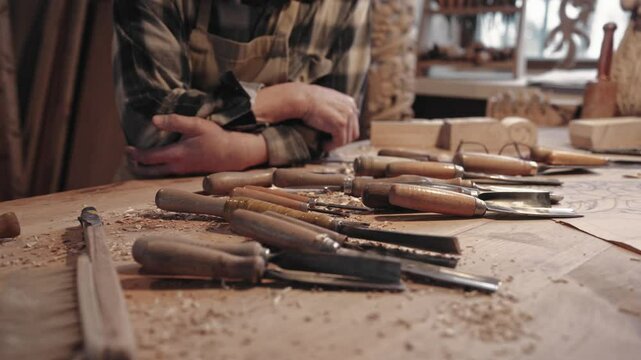 Camera sliding alongside table full of tools and instruments for carpentry. Caucasian male hands resting on desk. Cabinet-maker or joiner taking rest. Showing different types of chisels.