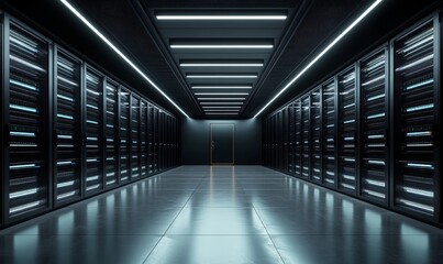 Fototapeta premium 3D illustration banner of server room in data center full of telecommunication equipment, concept of big data storage and cloud hosting technology, Generative AI