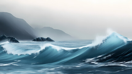 Serene turquoise ocean waves gently crash against rugged grey rocky coastline with misty atmospheric fog rolling in at dawn. Rugged Coastline. Illustration