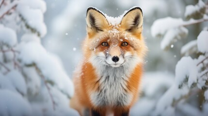 Obraz premium A close-up of a red fox in a snowy winter forest. The fox's fur is covered with snowflakes, creating a calm and peaceful atmosphere. AI-generated image with vibrant, natural details.