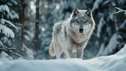 Fototapeta premium A majestic gray wolf standing in a snowy forest, staring directly at the camera. The tranquil winter landscape creates a serene and wild atmosphere, highlighting wildlife in its natural habitat.