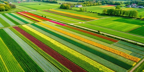 Colorful striped fields stretch across the landscape.