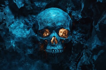 Illuminated Blue Skull Dark Rocky Background - Eerie Halloween Decor, Spooky Event Marketing, Gothic Horror Art
