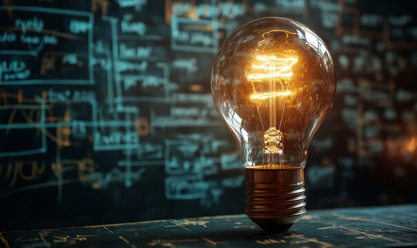 Glowing lamp as a symbol of scientific thought against the background of physical and mathematical formulas. Science and education background, Generative AI