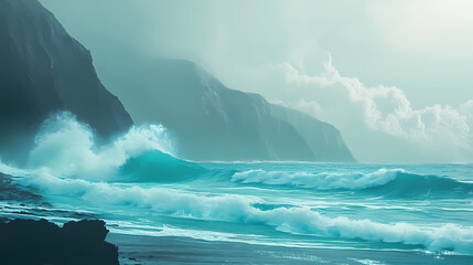 Serene turquoise ocean waves gently crash against rugged grey rocky coastline with misty atmospheric fog rolling in at dawn. Rugged Coastline. Illustration
