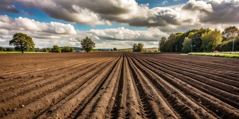 Obraz premium Plowed field under a sky filled with clouds.