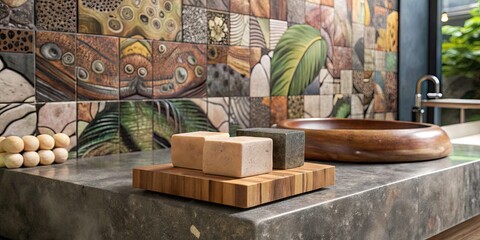 Artistic tiles and decor with a natural theme.