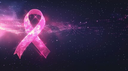 Futuristic Glowing Pink Ribbon in Starry Sky for Breast Cancer Awareness - Digital Design