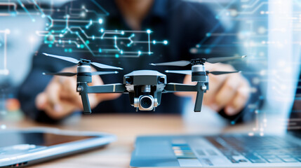 Close-up of a pair of hands assembling a drone, background showing a high-tech workspace