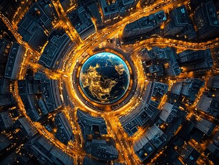 Fototapeta premium Stunning Aerial View of Illuminated European Cities Converging Around a Vibrant Globe - Perfect for a Sporty Interior Poster or Inspirational Urban Art!