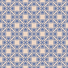 Abstract vector geometric seamless pattern. Antique ornament texture with curved shapes, grid, lattice, crosees. Blue and beige background in gothic style with medieval motifs. Elegant repeat design