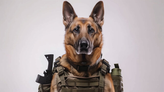 Military working dog in tactical gear, intense and focused, ready for duty