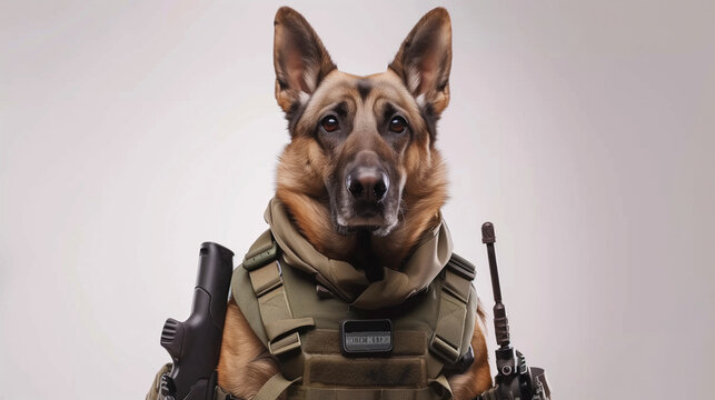 Military working dog in tactical gear, intense and focused, ready for duty