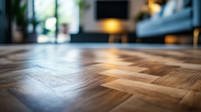 A cozy modern living room featuring beautiful wooden parquet flooring.