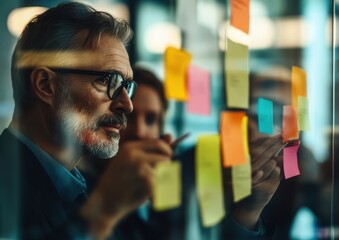 Obraz premium Team engaging in brainstorming and planning in a creative workspace with sticky notes on glass.