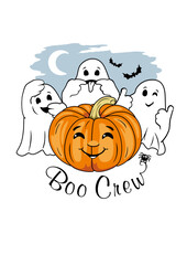 Three funny ghosts and smiling Halloween pumpkin. Boo crew