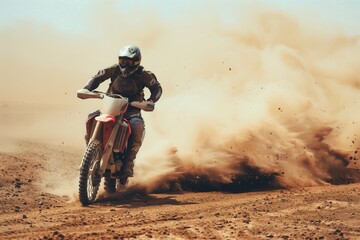 A man is riding a dirt bike in the desert