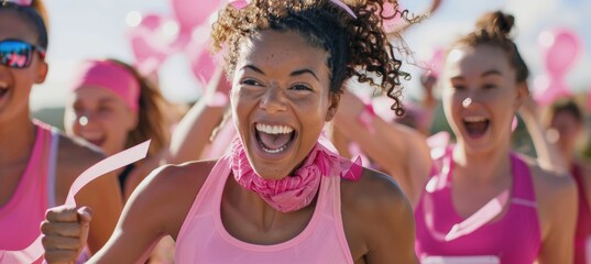 Energetic Women in Pink Finishing Pink Ribbon Day Charity Race Amid Cheering Supporters and Confetti