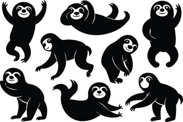 Cartoon vector black sloths silhouette clipart