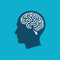 Silhouette of a man's head with intricate brain design, symbolizing intelligence and thought, in a simple vector illustration