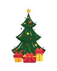 Christmas tree with star balls and gifts on a transparent background. A festive Christmas tree.