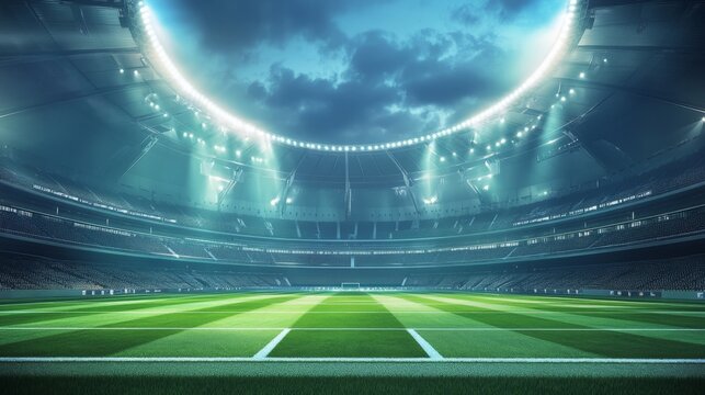 A high-tech football stadium with features like smart seats, digital entry systems, and eco-friendly lighting, creating a futuristic, efficient atmosphere.