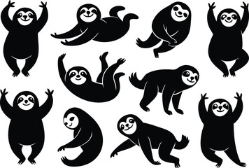 Cartoon vector black sloths silhouette clipart
