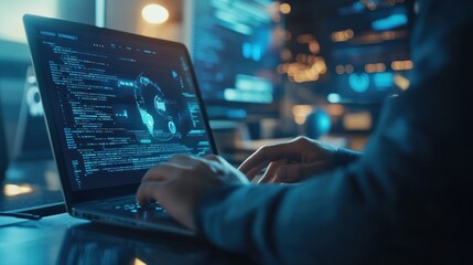 A person coding on a laptop in a high-tech, dimly lit environment.