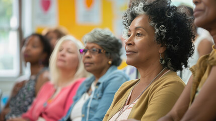 Obraz premium Diverse Women Attending Breast Cancer Prevention Seminar in Community Center
