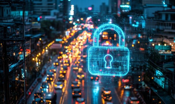 Glowing holographic padlock overlays a bustling nighttime road in Bangkok, symbolizing cyber security measures to safeguard companies. Image is achieved through a double exposure, Generative AI - Powered by Adobe