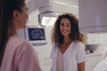 Fototapeta premium Healthcare Professional Assisting Patient with Mammogram in Modern, Bright Clinic
